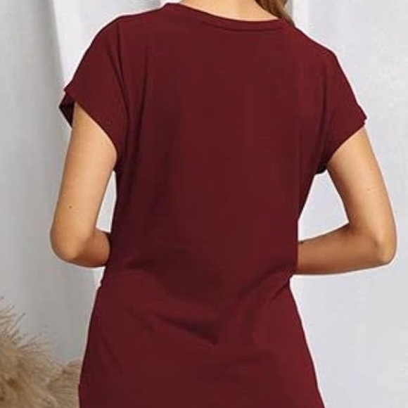 Women’s Tie Waist Cap Sleeve T-Shirt Dress in Wine Red - Picture 12 of 13